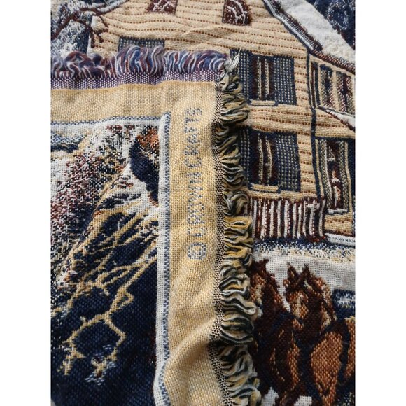 Crown Crafts Winter Scene Sleigh Ride Farm House Throw Blanket Tapestry Vintage - Picture 9 of 14